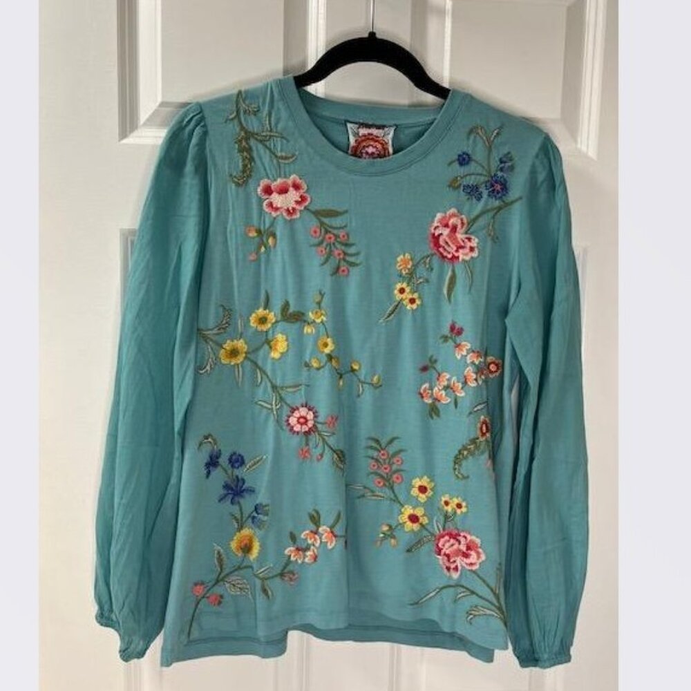 Johnny Was Sopia Mixed Media Top in Dusty Turquoise – Size Small – NWT - Picture 3 of 6